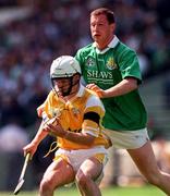 4 August 1996; Eoin Colgan of Antrim under pressure from Frankie Carroll of Limerick during the GAA Hurling All-Ireland Senior Championship Semi-Final match between Antrim and Limerick at Croke Park in Dublin. Photo by Ray McManus/Sportsfile