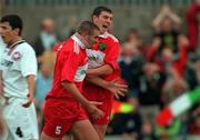 13 August 1998; Derek Coughlan of Cork City celebrates after scoring his side's second goal with team-mate Gregory O'Halloran, right, during the UEFA Cup Winners' Cup Preliminary Round 2nd Leg between Cork City and CSKA Kyiv at Turners Cross in Cork. Photo by Matt Browne/Sportsfile