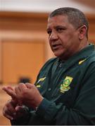 9 November 2017; Head coach Allister Coetzee during a South Africa Press Conference at Radisson Blu Hotel in Stillorgan, Dublin. Photo by Brendan Moran/Sportsfile