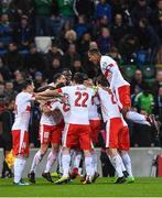 9 November 2017; Ricardo Rodríguez of Switzerland celebrates with team mates after scoring his side's first goal during the FIFA 2018 World Cup Qualifier Play-off 1st leg match between Northern Ireland and Switzerland at Windsor Park in Belfast. Photo by Eóin Noonan/Sportsfile