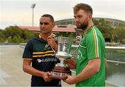 11 November 2017; The Eirgrid Ireland team captain Aidan O'Shea with the Cormac McAnallen Cup and the Australian captain Shaun Burgoyne during the Australia v Ireland - Virgin Australia International Rules Series 1st Test pre match photocall on the pedestrian bridge outside the Adelaide Oval in Adelaide, Australia. Photo by Ray McManus/Sportsfile