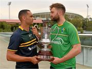 11 November 2017; The Eirgrid Ireland team captain Aidan O'Shea with the Cormac McAnallen Cup and the Australian captain Shaun Burgoyne during the Australia v Ireland - Virgin Australia International Rules Series 1st Test pre match photocall on the pedestrian bridge outside the Adelaide Oval in Adelaide, Australia. Photo by Ray McManus/Sportsfile