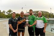 11 November 2017; The Eirgrid Ireland team manager Joe Kernan, right, and captain Aidan O'Shea with the Cormac McAnallen Cup and the Australian manager Chris Scott, left, and captain Shaun Burgoyne during the Australia v Ireland - Virgin Australia International Rules Series 1st Test pre match photocall on the Torrens River Footbridge outside the Adelaide Oval in Adelaide, Australia. Photo by Ray McManus/Sportsfile