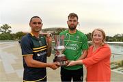 11 November 2017; Rosemary Steen, Director of External Affairs, EirGrid Group with the Ireland team captain Aidan O'Shea, the Australian captain Shaun Burgoyne and the Cormac McAnallen Cup during the Australia v Ireland - Virgin Australia International Rules Series 1st Test pre match photocall on the pedestrian bridge outside the Adelaide Oval in Adelaide, Australia. Photo by Ray McManus/Sportsfile