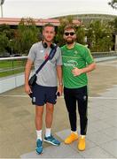 11 November 2017; The Eirgrid Ireland team captain Aidan O'Shea with Stuart Broad, MBE, the Nottinghamshire and England fast bowler, whom he met on the way to the  Australia v Ireland - Virgin Australia International Rules Series 1st Test pre match photocall on the Torrens River Footbridge outside the Adelaide Oval in Adelaide, Australia. Photo by Ray McManus/Sportsfile