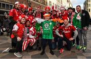 11 November 2017; Young Republic of Ireland supporter Eoin O'Neill, from Tallaght, Dublin, with Denmark supporters in Copenhagen prior to the FIFA 2018 World Cup Qualifier Play-off 1st Leg match between Denmark and Republic of Ireland at Parken Stadium in Copenhagen, Denmark. Photo by Seb Daly/Sportsfile