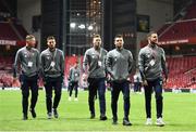 11 November 2017; Republic of Ireland players, from left, Aiden O'Brien, Matt Doherty, Daryl Murphy Wes Hoolahan and Robbie Brady prior to the FIFA 2018 World Cup Qualifier Play-off 1st Leg match between Denmark and Republic of Ireland at Parken Stadium in Copenhagen, Denmark. Photo by Stephen McCarthy/Sportsfile