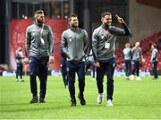 11 November 2017; Republic of Ireland players, from left, Daryl Murphy, Wes Hoolahan, and Robbie Brady prior to the FIFA 2018 World Cup Qualifier Play-off 1st Leg match between Denmark and Republic of Ireland at Parken Stadium in Copenhagen, Denmark. Photo by Stephen McCarthy/Sportsfile