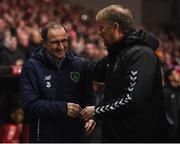 11 November 2017; Republic of Ireland manager Martin O'Neill, left, and Denmark manager Aage Hareide during the FIFA 2018 World Cup Qualifier Play-off 1st Leg match between Denmark and Republic of Ireland at Parken Stadium in Copenhagen, Denmark. Photo by Stephen McCarthy/Sportsfile