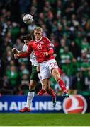 11 November 2017; Andreas Cornelius of Denmark in action against Stephen Ward of Republic of Ireland during the FIFA 2018 World Cup Qualifier Play-off 1st Leg match between Denmark and Republic of Ireland at Parken Stadium in Copenhagen, Denmark. Photo by Stephen McCarthy/Sportsfile