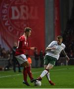 11 November 2017; James McClean of Republic of Ireland in action against Christian Eriksen of Denmark during the FIFA 2018 World Cup Qualifier Play-off 1st Leg match between Denmark and Republic of Ireland at Parken Stadium in Copenhagen, Denmark. Photo by Ramsey Cardy/Sportsfile