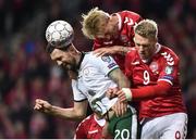 11 November 2017; Shane Duffy of Republic of Ireland in action against Simon Kjær and Nicolai Jørgensen of Denmark during the FIFA 2018 World Cup Qualifier Play-off 1st Leg match between Denmark and Republic of Ireland at Parken Stadium in Copenhagen, Denmark. Photo by Seb Daly/Sportsfile