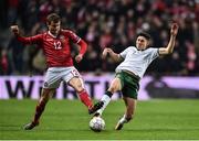 11 November 2017; Andreas Bjelland of Denmark in action against Callum O'Dowda of Republic of Ireland during the FIFA 2018 World Cup Qualifier Play-off 1st Leg match between Denmark and Republic of Ireland at Parken Stadium in Copenhagen, Denmark. Photo by Seb Daly/Sportsfile