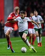 11 November 2017; Harry Arter of Republic of Ireland in action against Andreas Cornelius of Denmark during the FIFA 2018 World Cup Qualifier Play-off 1st Leg match between Denmark and Republic of Ireland at Parken Stadium in Copenhagen, Denmark. Photo by Ramsey Cardy/Sportsfile