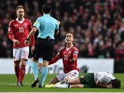 11 November 2017; Yussuf Poulsen of Denmark appeals to the referee after fouling Harry Arter of Republic of Ireland during the FIFA 2018 World Cup Qualifier Play-off 1st Leg match between Denmark and Republic of Ireland at Parken Stadium in Copenhagen, Denmark. Photo by Seb Daly/Sportsfile