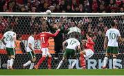 11 November 2017; Darren Randolph of Republic of Ireland saves a header from Yussuf Poulsen of Denmark during the FIFA 2018 World Cup Qualifier Play-off 1st Leg match between Denmark and Republic of Ireland at Parken Stadium in Copenhagen, Denmark. Photo by Stephen McCarthy/Sportsfile