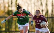12 November 2017; Chloe Crowe of Galway in action against Emma Needham of Mayo during the All Ireland U21 Ladies Football Final match between Mayo and Galway at St. Croans GAA Club in Keelty, Roscommon. Photo by Sam Barnes/Sportsfile