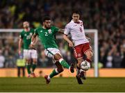 14 November 2017; Cyrus Christie of Republic of Ireland in action against Thomas Delaney of Denmark during the FIFA 2018 World Cup Qualifier Play-off 2nd leg match between Republic of Ireland and Denmark at Aviva Stadium in Dublin. Photo by Seb Daly/Sportsfile