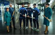 17 November 2017; Dublin hurlers departed Dublin Airport for Boston today onboard Aer Lingus flight EI 139. Aer Lingus, official airline of the AIG Fenway Hurling Classic and Irish Festival, has been serving Boston since 1958 and is thrilled to once again be supporting this unique cultural and sporting event, bringing 130 hurlers to Boston’s iconic Fenway Park. Games will be broadcast on TG4 on November 19th with Dublin v Galway in the first semi-final followed by Clare v Tipperary in the second semi-final. Pictured are Dublin's Jonathan Treacy, James Madden and Stephen O'Connor with Aer Lingus cabin crew Darryl Sheridan, Alison Moran and Bernice Rocca. Photo by Ramsey Cardy/Sportsfile