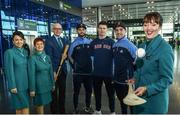 17 November 2017; Dublin hurlers departed Dublin Airport for Boston today onboard Aer Lingus flight EI 139. Aer Lingus, official airline of the AIG Fenway Hurling Classic and Irish Festival, has been serving Boston since 1958 and is thrilled to once again be supporting this unique cultural and sporting event, bringing 130 hurlers to Boston’s iconic Fenway Park. Games will be broadcast on TG4 on November 19th with Dublin v Galway in the first semi-final followed by Clare v Tipperary in the second semi-final. Pictured are Dublin's Jonathan Treacy, James Madden and Stephen O'Connor with Aer Lingus cabin crew Darryl Sheridan, Cara Sisk, Alison Moran and Bernice Rocca. Photo by Ramsey Cardy/Sportsfile