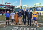 19 November 2017; Team captains Colm Callanan of Galway and Patrick O’Connor of Clare and referee Diarmuid Kirwan with An Tanáiste Frances Fitzgerald, T.D., Mark Lev, Managing Director, Fenway Sports Management, Dermot Earley, CEO, GPA, and Declan O'Rourke, General Manager AIG Ireland, prior to the AIG Super 11's Fenway Classic Final match between Clare and Galway at Fenway Park in Boston, MA, USA. Photo by Brendan Moran/Sportsfile