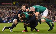25 November 2017; CJ Stander of Ireland supported by Devin Toner scores his side's third try despite the tackle of Nicolas Sanchez, left, and Jeronimo de la Fuente of Argentina during the Guinness Series International match between Ireland and Argentina at the Aviva Stadium in Dublin. Photo by Ramsey Cardy/Sportsfile