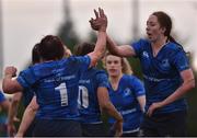 3 December 2017; Lindsay Peat of Leinster is congratulated by team mate Aoife McDermott after scoring her side's second try during the Women's Interprovincial Rugby match between Ulster and Leinster at Dromore RFC in Dromore, Co Antrim. Photo by David Fitzgerald/Sportsfile