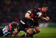 9 December 2017; Ian Keatley of Munster is tackled by Michael Fitzgerald of Leicester Tigers during the European Rugby Champions Cup Pool 4 Round 3 match between Munster and Leicester Tigers at Thomond Park in Limerick. Photo by Stephen McCarthy/Sportsfile