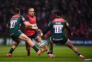 9 December 2017; Simon Zebo of Munster in action against Adam Thompstone, left, and Telusa Veainu of Leicester Tigers during the European Rugby Champions Cup Pool 4 Round 3 match between Munster and Leicester Tigers at Thomond Park in Limerick. Photo by Stephen McCarthy/Sportsfile