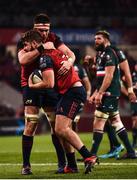 9 December 2017; Rhys Marshall of Munster is congratulated by team-mate Billy Holland after scoring their first try during the European Rugby Champions Cup Pool 4 Round 3 match between Munster and Leicester Tigers at Thomond Park in Limerick. Photo by Stephen McCarthy/Sportsfile