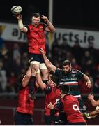 9 December 2017; Peter O'Mahony of Munster wins possession in a lineout ahead of Michael Fitzgerald of Leicester Tigers during the European Rugby Champions Cup Pool 4 Round 3 match between Munster and Leicester Tigers at Thomond Park in Limerick. Photo by Diarmuid Greene/Sportsfile