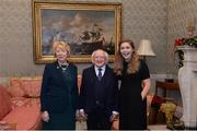 11 December 2017; Dublin's Sinéad Finnegan is welcomed by the President of Ireland Michael D Higgins and his wife Sabina during the Dublin Senior Men's and Ladies Football squads visit to Áras an Uachtaráin in Phoenix Park, Dublin. Photo by Piaras Ó Mídheach/Sportsfile