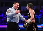 13 December 2017; Referee Howard Foster speaks to Katie Taylor during her WBA Lightweight World Title fight against Jessica McCaskill at York Hall in London, England. Photo by Stephen McCarthy/Sportsfile