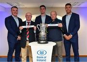 16 December 2017; In attendance at the Bank of Ireland Provincial Towns Cup Draw in Bank of Ireland Ballsbridge branch are, from left, Peter Dooley, Robert Doyle, Cill Dara RFC, Kildare, Tom Daly, Patrick Curran, Roscrea RFC, Offaly, and Adam Byrne. The teams going head to head in the Bank of Ireland Provincial Towns Cup were revealed in a draw on Saturday 16th December ahead of the Leinster v Exeter match at the Aviva Stadium. Players Adam Byrne, Tom Daly and Peter Dooley were on hand to announce the first round of the Draw which was streamed via Facebook Live from the Ballsbridge Branch in Dublin to clubs and fans from around the province. Bank of Ireland has proudly partnered with Leinster Rugby since 2007 and recently announced a 5 year extension of their sponsorship through to the 2023 season. The partnership encompasses all Leinster Rugby activity, from the professional team right through to grassroots community, club and schools level. Bank of Ireland Branch in Ballsbridge, Dublin. Photo by Brendan Moran/Sportsfile