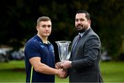 19 December 2017; Jordan Larmour receives the Bank of Ireland Leinster Rugby Player of the Month for November from Gavin Leech, Branch Manager, Bank of Ireland University College Dublin Montrose, at Leinster Rugby Headquarters in Dublin. Photo by Ramsey Cardy/Sportsfile