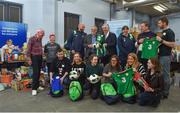 20 December 2017; FAI CEO John Delaney, along with Republic of Ireland Under 16 manager Paul Osam and Women's U16 manager Sharon Boyle, hand over Ireland bags full with jerseys, footballs & other merchandise to Liam Casey, East Region President, of the St Vincent De Paul as part of a Christmas donation for families in need. Pictured at the St Vincent De Paul National Office on Sean McDermott Street in Dublin. Photo by Seb Daly/Sportsfile