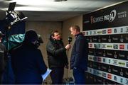 1 January 2018; Leinster head coach Leo Cullen is interviewed by former Leinster player Reggie Corrigan prior to the Guinness PRO14 Round 12 match between Leinster and Connacht at the RDS Arena in Dublin. Photo by Brendan Moran/Sportsfile