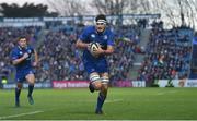 1 January 2018; Max Deegan of Leinster runs in to score his side's first try during the Guinness PRO14 Round 12 match between Leinster and Connacht at the RDS Arena in Dublin. Photo by Ramsey Cardy/Sportsfile