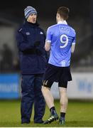 3 January 2018; Dublin manager Paul Clarke speaks with Aaron Elliot of Dublin prior to the second half starting during the Bord na Mona O'Byrne Cup Group 1 Second Round match between Dublin and Offaly at Parnell Park in Dublin. Photo by David Fitzgerald/Sportsfile