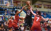 6 January 2018; Kristine Miller of Griffith College Swords Thunder in action against Ashley Cunningham, left, and Niamh Dwyer, right, of Fr Mathews during the Hula Hoops Senior Women’s National Cup semi-final match between Griffith College Swords Thunder and Fr Mathews at Neptune Stadium in Cork. Photo by Eóin Noonan/Sportsfile