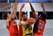 6 January 2018; Conor Meany of UCD Marian in action against Luis Filiberto Garcia Hoyos, left, and Royce Williams of Pyrobel Killester during the Hula Hoops Men’s Pat Duffy National Cup semi-final match between Pyrobel Killester and UCD Marian at UCC Arena in Cork. Photo by Brendan Moran/Sportsfile