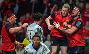 14 January 2018; Keith Earls of Munster celebrates with team-mate Jean Kleyn, right, after scoring their side's second try during the European Rugby Champions Cup Pool 4 Round 5 match between Racing 92 and Munster at the U Arena in Paris, France. Photo by Brendan Moran/Sportsfile