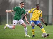 20 January 2018; Timothy Roberto of Finn Harps in action against Garry Buckley of Cork City during the pre-season friendly match between Cork City and Finn Harps at the FAI National Training Centre in Abbotstown, Dublin. Photo by Stephen McCarthy/Sportsfile