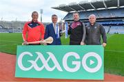 22 January 2018; 2018 marks the 26th season that Allianz has sponsored the Allianz Hurling Leagues, making it one of the longest sponsorships in Irish sport. Allianz and the GAA today announced the renewal of Allianz's partnership with GAAGO which will make over 50 live Allianz League matches available to global audiences. In attendance at the Allianz Hurling League 2018 launch at Croke Park in Dublin are, from left, Cork manager John Meyle, Sean McGrath, CEO, Allianz Ireland, Galway goalkeeper Colm Callanan and Waterford manager Derek McGrath. Photo by Brendan Moran/Sportsfile