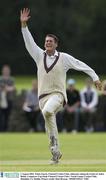 2 August 2003; Tinnis Fourie of Clontarf Cricket Club celebrates after taking the wicket of Andre Botha of North County Cricket Club during the Conqueror Cup Final between Clontarf Cricket Club and North County Cricket Club at Malahide in Dublin. Photo by Matt Browne/Sportsfile