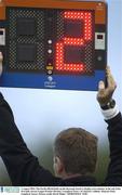 2 August 2003; The fourth official holds up the electronic board to display 2 extra minutes at the end of the first half of the eircom League Premier Division match between Longford Town and St Patrick's Athletic at Flancare Park, Longford. Photo by David Maher/Sportsfile