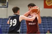 24 January 2018; Paul Kelly of St Pauls Oughterard in action against Eoghan McHugh of St Vincents Castleknock College during the Subway All-Ireland Schools U19B Boys Cup Final match between St Pauls Oughterard and St Vincents Castleknock College at the National Basketball Arena in Tallaght, Dublin. Photo by Eóin Noonan/Sportsfile