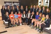 24 January 2018; Lidl Ireland today announced a third year of partnership with the Ladies Gaelic Football Association. The next phase of the campaign will see Lidl investing further in the LGFA where it matters most at local level and in the community. This is where #SeriousSupport is born and nurtured through the dedication of a local community. To celebrate their third year of partnership with the LGFA, Lidl have today launched their new 6-pack of Carrick Glen Active Spring Water. 10 cents from each purchase will fund jerseys and equipment for U-18, or under, LGFA club teams. Nominate your local Ladies Gaelic Football club to win in any Lidl store nationwide, or via Lidl's Facebook Page. Throughout the year, Lidl will run various initiatives to benefit all levels of Ladies Gaelic Football, following on from the successful Serious Starts Here campaign in 2017. The new branded Carrick Glen Active Spring Water packs will hit Lidl stores next week. Pictured are President of the Ladies Gaelic Football Association Maire Hickey, LFGA CEO Helen O'Rourke and Jay Wilson, Sponsorship Manager Lidl, with Ladies Footballers, from left, Caroline O'Hanlon of Armagh, Sinead Goldrick of Dublin, Orlagh farmer of Cork, Aishling Moloney of Tipperary, Sarah Rowe of Mayo and Roisin Friel of Donegal, with pupils of Presentation Secondary School Kilkenny, at Lidl Head Office, Tallaght, Dublin. Photo by Seb Daly/Sportsfile