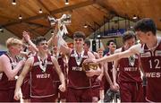 24 January 2018; St Pauls Oughterard players celebrate with the cup infront of their supporters after the Subway All-Ireland Schools U19B Boys Cup Final match between St Pauls Oughterard and St Vincents Castleknock College at the National Basketball Arena in Tallaght, Dublin. Photo by Eóin Noonan/Sportsfile
