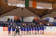 25 January 2018; The Crescent Comprehensive team stand together for the national anthem prior to the Subway All-Ireland Schools U16A Girls Cup Final match between Crescent Comprehensive, Limerick, and Scoil Chriost Rí, Portlaoise, Laois, at the National Basketball Arena in Tallaght, Dublin. Photo by Brendan Moran/Sportsfile